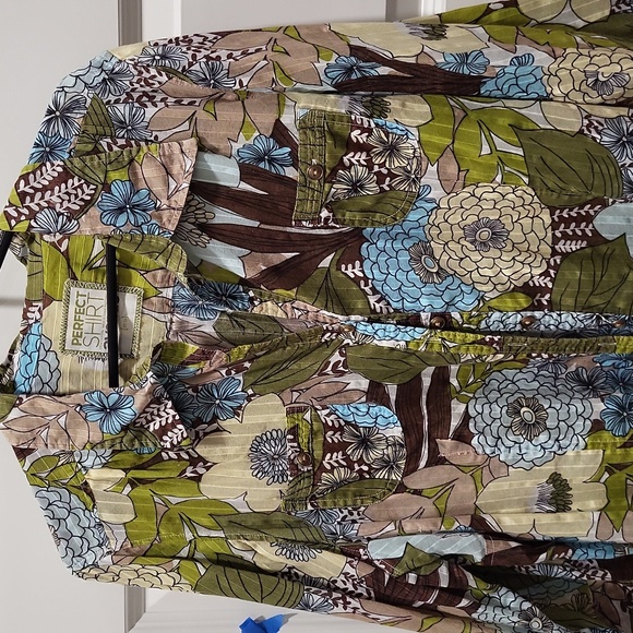 PERFECT SHIRT AVENUE BLUE, GREEN & BROWN FLORAL BUTTON UP 3/4 SLEEVES SZ 22-24 - Picture 2 of 4